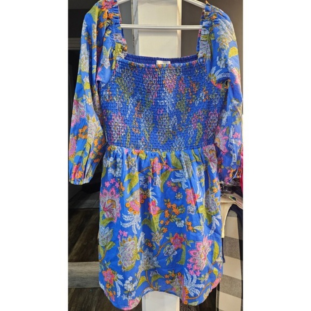 Vivid Blue cottagecore boho floral Smocked Mini Dress Long Puff Sleeve Womens L - Picture 4 of 9
